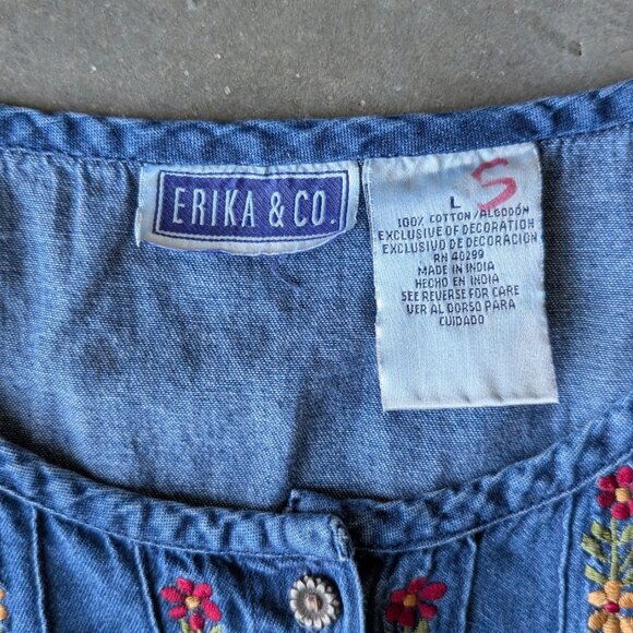 Vintage Erika & Co Blue Denim Floral Embroidered Midi Dress large - Picture 6 of 7